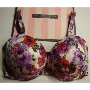 Victoria's Secret Very Sexy Push Up Shine Rhinestone Strap Logo Bra Floral 34DDD
